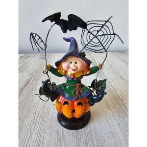 Witch spider web figurine statue decor Halloween pumpkin jack o'lantern bat shab